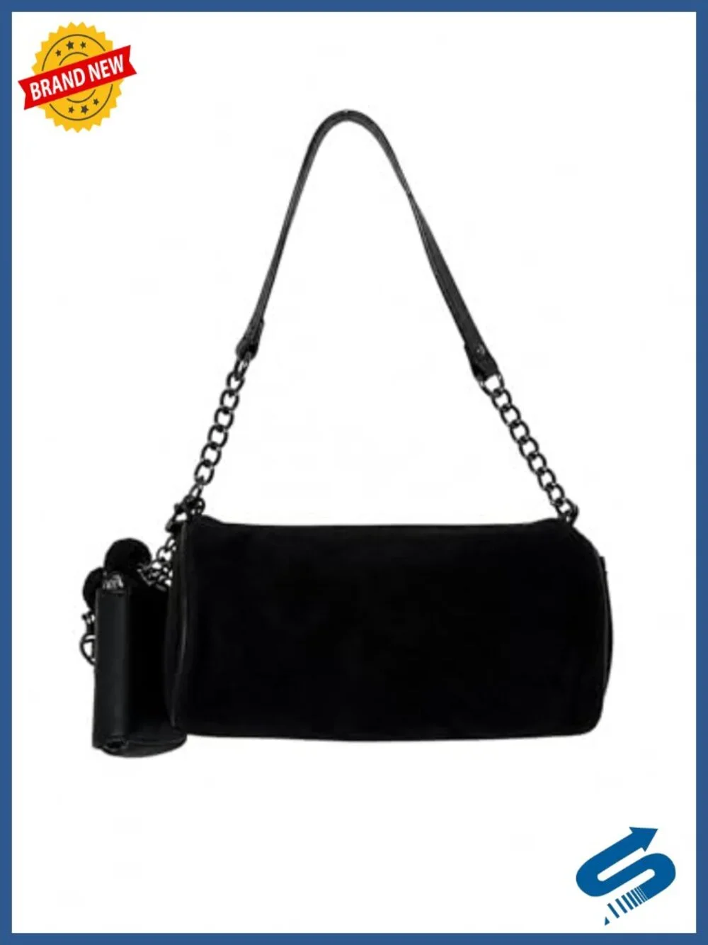 Velour Shoulder Bag with Chain Strap, Mini Pouch, Zip Closure